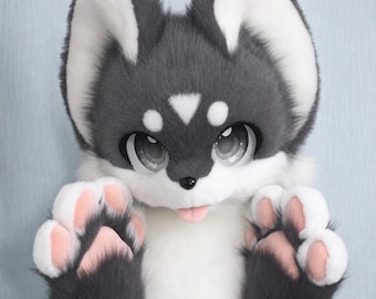 Dark Grey Heart Marked Fox Fursuit Head Matching Paw Gloves Soft Plush Furry Costume