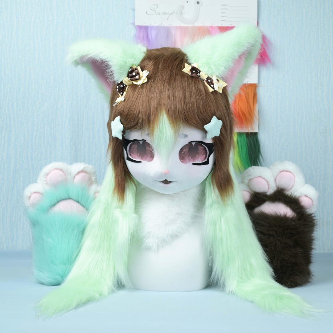 Fur Mask Custom Cat Fursuit Head Green Brown Fur Mask Handmade Furry Cosplay ...