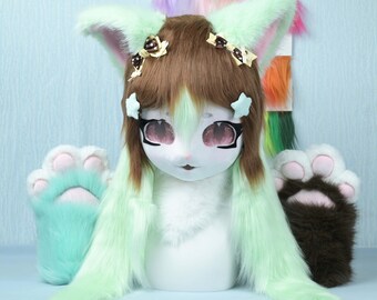 Custom Cat Fursuit Head Green Brown Fur Mask Handmade Furry Cosplay Head With Paws Cute Mascot Costume Kigurumi Kemono Style Gift