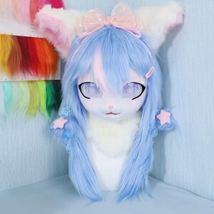 Sweet Lolita Blue Cat Fursuit Head Handmade Kigurumi Mask Sakura Eyes Braided Cute Cosplay Headwear Pastel Furry Costume Anime Style Mask