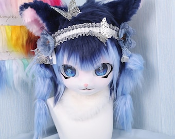 Mystic Blue Cat Fursuit Head Butterfly Headdress Handmade Cosplay Mask Gradient Lenticular Eyes Matching Paws Lolita Taoist Spirit Design