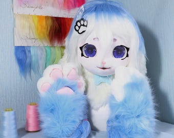 Blue Gradient Lamb Fursuit Set with Cross Pupils Fluffy Paws Braided Hair and Paw Clip Handmade KIG Style Sheep Costume for Furry Cosplay