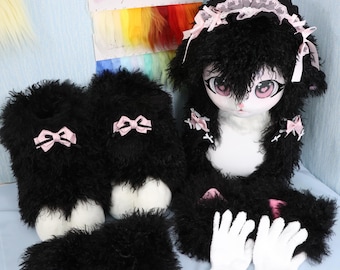 Black Gothic Lolita Sheep Fursuit Set Handmade KIG Style Costume Head Paws Feet Tail and Pink Lace Bows Cute Full Body Furry Outfit Cosplay