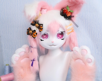 Kawaii Pink Bunny Fursuit Head Halloween Pumpkin Hair Accessories Paw Gloves Cute Furry Cosplay Mask Pink Heart Eyes Handmade Costume