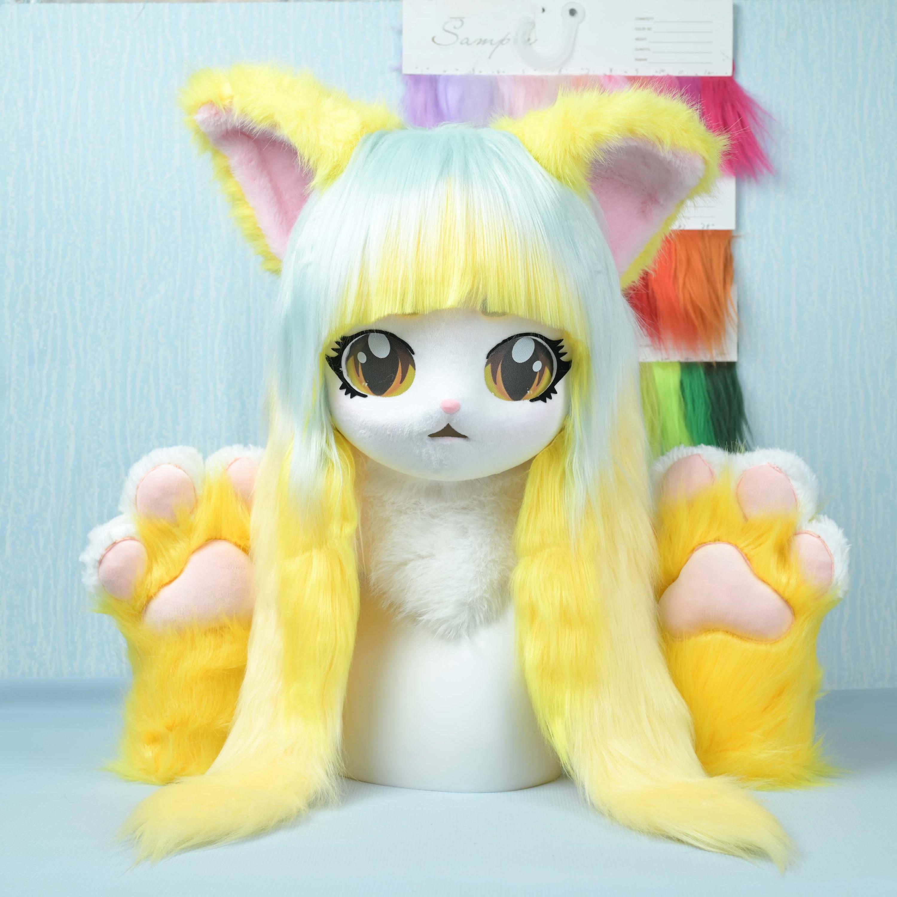 Fur Mask Custom Cat Fursuit Head Yellow Blue Fur Mask Handmade Furry Cosplay ...