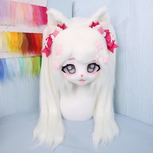 Tête de fourrure de chat blanc à double queue Style Lolita Masque Cosplay Kigurumi Rubans roses Costume fait main Costume Fursuit Casque Anime Coiffures d'animaux mignons
