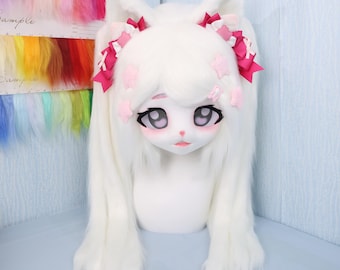 White Twin Tail Cat Furry Head Lolita Style Kigurumi Cosplay Mask Pink Ribbons Handmade Costume Fursuit Anime Helmet Cute Animal Headgear
