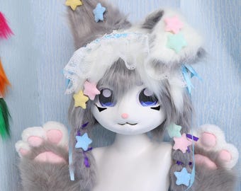 Gray White Bunny Fursuit Head with Paw Gloves Lolita Lace Headband Plush Star Clips 3D Printed Mask for Cosplay Furry Costume Fashion