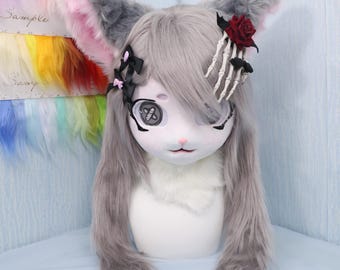 Gothic Gray Cat Furry Head with Matching Paws Handmade Fursuit Mask with Pink Paw Pads and Rose Skeleton Hair Clip Dark Cute Lolita Cosplay