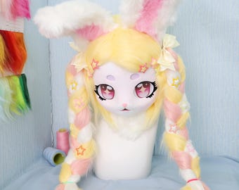 Pastel Bunny Furry Head Sculptable Ears Paw Gloves Sweet Cosplay Mask Halloween Pink Yellow Fursuit Optional Star Hair Clips Kawaii Costume