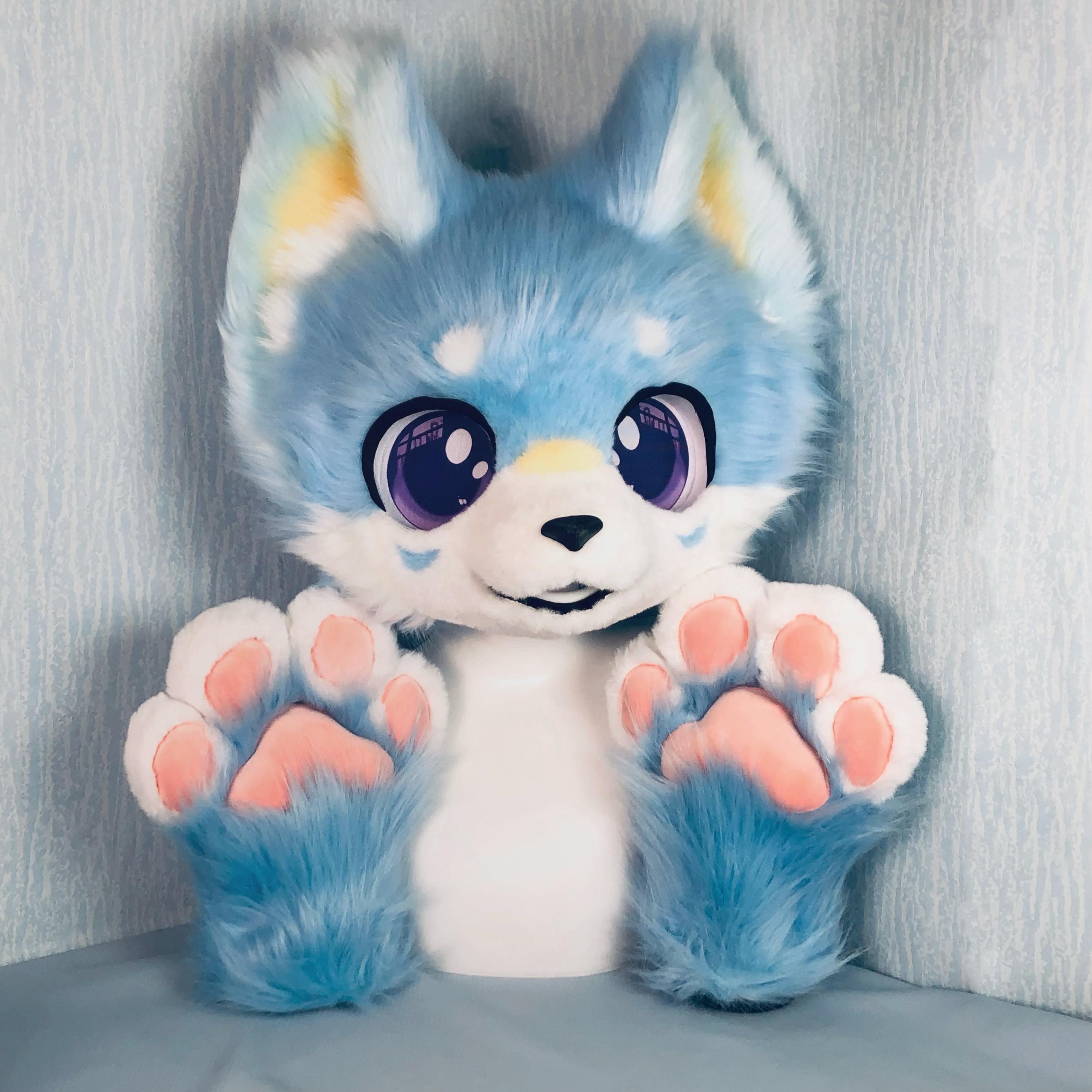 Blue Fox Fursuit Head with Matching Paws and Hair Accessories Cute Fluffy Handmade Animal Costume for Cosplay Halloween Fursona Outfit Play