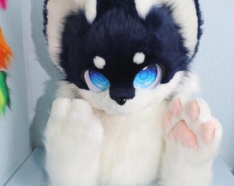 Navy Blue Kemono Dog Fursuit Head Set White Paws Magnetic Tongue KIG Style Ready Wear Furry Cosplay Mask Plush Animal Helmet Costume Gift