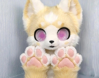 Cream Yellow White Kemono Fox Fursuit Head Pink Heart Eyes Kawaii Furry Cosplay Mask