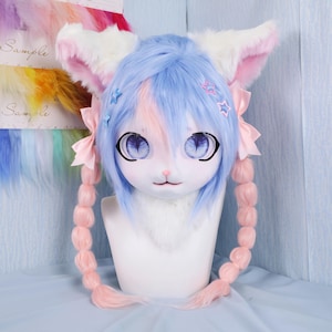 Pastel Blue and Pink Cat Fursuit Head with Matching Paw Handmade Furry Mask with Star Hair Clips Bows Lolita Style Cosplay Costume Accessory