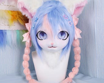 Pastel Blue and Pink Cat Fursuit Head with Matching Paw Handmade Furry Mask with Star Hair Clips Bows Lolita Style Cosplay Costume Accessory