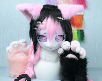 Custom Cat Fursuit Head Black Pink Fur Mask Handmade Furry Cosplay Head With Paws Cute Mascot Costume Kigurumi Kemono Style Gift
