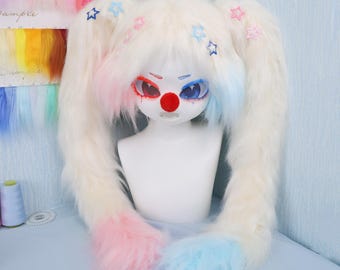 Harley Quinn Furry Cosplay Mask Sweet Punk Fursuit Head Joker Cosplay Claw Gloves Blue Pink Wig Villain Style Handmade Kemono Costume Head