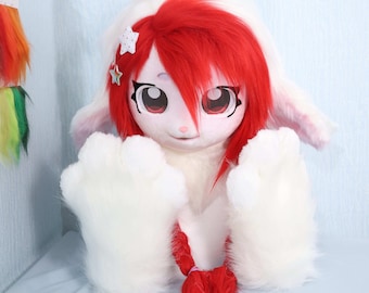 Red White Ram Fursuit Head Handmade Furry Mask Star Hairpin Braided Hair White Paws Cute Cosplay Costume Animal Horned Character Design