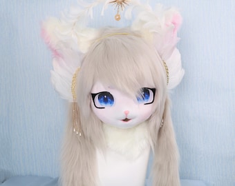Gothic Gray Cat Furry Head with Matching Paws Handmade Fursuit Mask with Pink Paw Pads and Rose Skeleton Hair Clip Dark Cute Lolita Cosplay