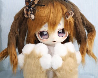 Cute Brown Cat Fursuit Head with Braids Handmade Kawaii Furry Helmet with Big Anime Eyes and Plush Paws for Cosplay Costume or Dress Up