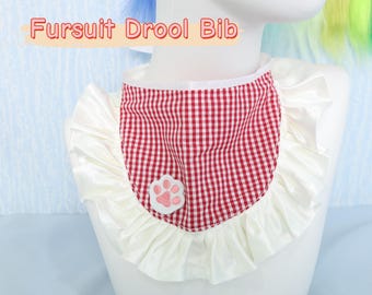 Drool Bib Cute Plaid Fursuit Accessory Ruffles Paw Patch Reversible Costume Neck Bib Handmade KIG Style Cosplay Gift Furry Cute Lolita Style