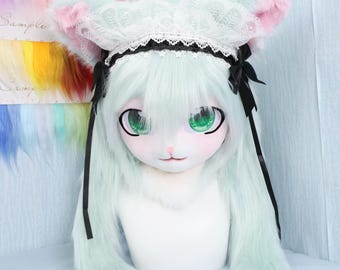 Mint Green White Bunny Fursuit Head Ocean Inspired Hair Clips Cross Eyes White Paw Gloves Handmade Cute Cosplay Furry Style Costume