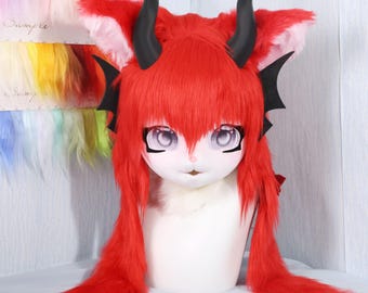 Bright Red Demon Cat Fursuit Head with Horns Bat Ears Claws Y2K Goth Cosplay Mask Halloween Furry Costume Handmade Lolita Devil Cat Helmet