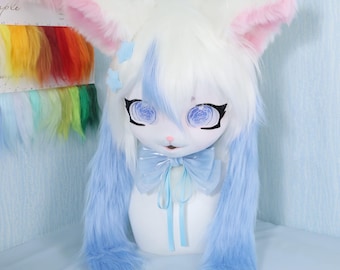 Blue White Furry Cat Head Paws Handmade Kigurumi Fursuit Mask Ribbon Eye Mesh Pastel Accessories Cute Cosplay Fursuit Headwear Plush Costume