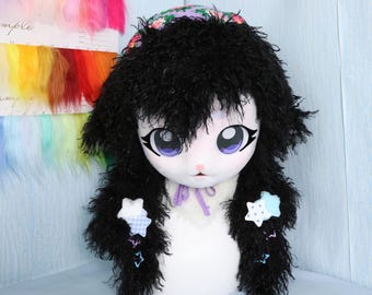 Black Sheep KIG Fursuit Head with Paws Handmade Curly Fur Cosplay Mask Anime Eyes Cottagecore Style Crochet Bandana Star Hair Clips Costume