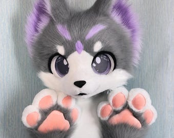 Gray Fox Fursuit Head Matching Paws Fluffy Handmade Furry Costume Set Cosplay Halloween Fursona