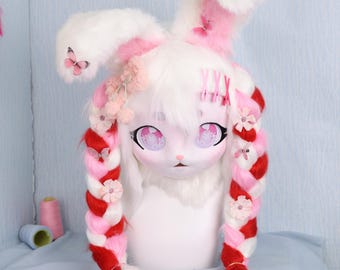 Pink Bunny Kigurumi Mask Long Braided Ears Furry Cosplay Head 3D Printed Base Fluffy Faux Fur Cute Animal Helmet Lolita Costume Gift for Fan