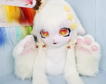 White Fluffy Lamb Fursuit Head with Paws Handmade Cosplay Mask with Twintail Braids Dessert Hair Clip Star Accessories Kawaii Lolita Costume