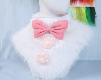Faux Fur Neck Fluff with Pink Bow Cat Paw Patch Lined Fursuit Collar Kawaii Style Cosplay Accessory for Furry Convention Outfit Costume Prop
