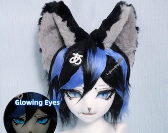 LED Glowing Blue Black Furry Mask Handmade Fursuit Head with Ears and Claws Light Up Luminous Eyes Anime Cosplay Helmet Kemono Costume Gift
