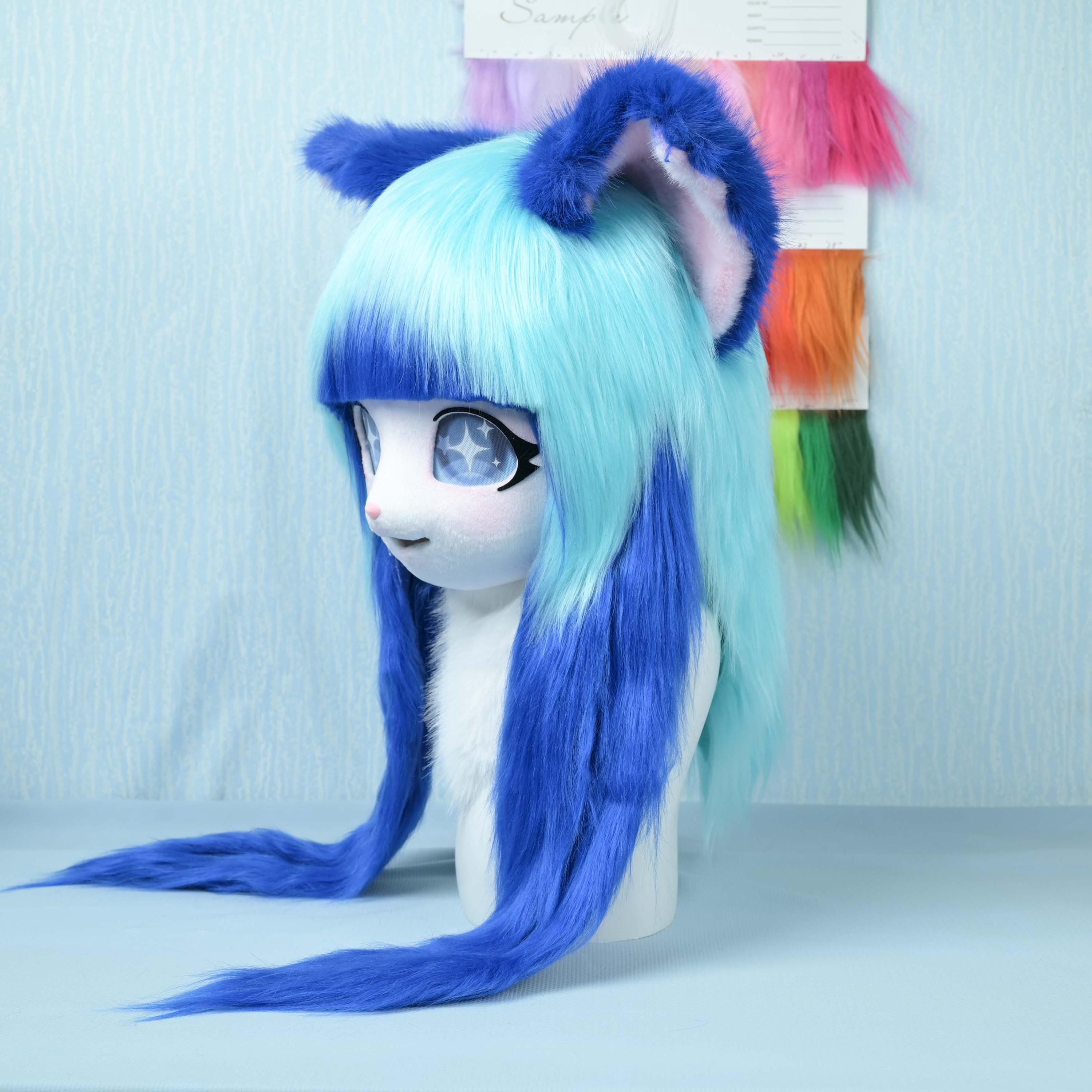 Fur Mask Custom Cat Fursuit Head Blue Cyan Fur Mask Handmade Furry Cosplay Head ...