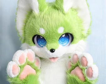 Green White Kemono Fox Fursuit Head Magnetic Tongue Plush Cosplay Mask Furry Costume Prop