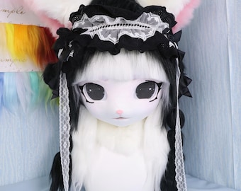 Black White Cat Fursuit Head Gothic Lace Headband Cosplay Lolita Furry Costume Matching Paw Gloves Handmade Anime Mask Adjustable Helmet