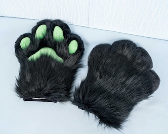 Black Fur Fursuit Paw Gloves Green Paw Pads Cosplay Prop Polyester Flannel Lined Set