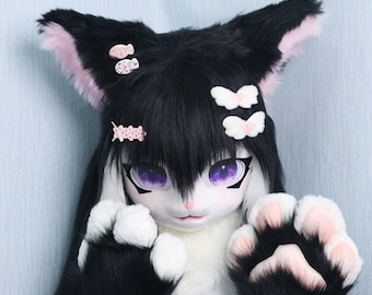 KIG Style Black Fox Fursuit Head with White Bangs and Matching Paws Fluffy Cute Kemono Cosplay Mask Hair Accessories for Costume Fursona Use