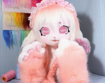 Pastel Lolita Lamb Fursuit Head Handmade Kawaii Cosplay Mask with Lace Bonnet Curly Plush Fur Cute Sheep Helmet for Convention Photo Shoots