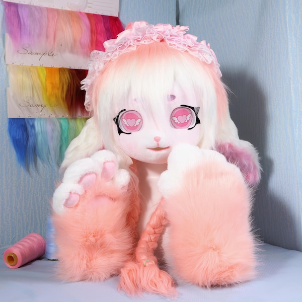 Cabeça de Fursuit de Ovelha Lolita Pastel Feita à Mão, Máscara Kawaii para Cosplay com Gorro de Renda, Pelúcia Encaracolada, Capacete Fofo de Ovelha para Sessões de Fotos em Convenções