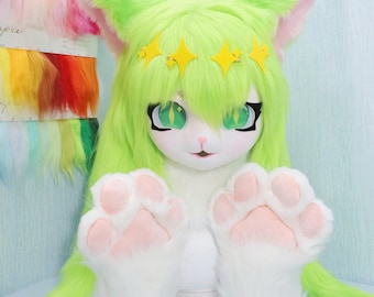 Fresh Green Star Cat Fursuit Head with White Paw Gloves Handmade KIG Anime Cosplay Helmet with Starburst Hair Clips Cute Furry Costume