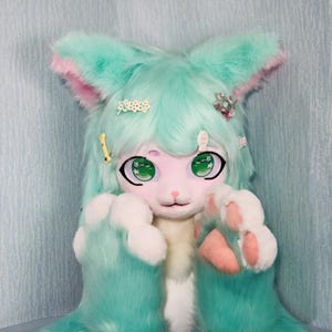 Peut inclure: Un costume de lapin anthropomorphe en peluche, avec une tête et des pattes. La tête est vert menthe avec des accents roses sur les oreilles et les pattes. Les yeux sont grands et verts, et le visage est rose. Le costume a des barrettes décoratives.