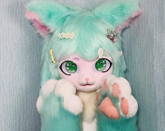 Mint Fox Furry Head with Matching Paws and Hair Accessories Cute Soft Handmade Fursuit Set for Cosplay Halloween Fursona Costume Play Outfit