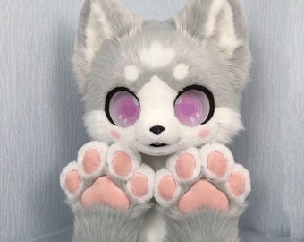 Gray White Kemono Fox Fursuit Head Pink Heart Eyes Kawaii Furry Cosplay Mask Prop
