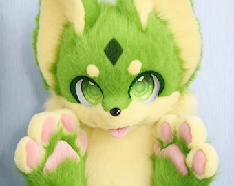 Lime Green Kawaii Fox Fursuit Head Matching Paw Gloves Plush Furry Cosplay Costume Set