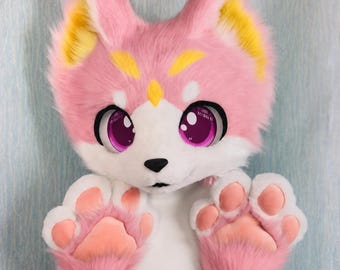 Pink Yellow Fox Fursuit Head Set Faux Fur Kemono Cosplay Costume Accessory Convention Gift