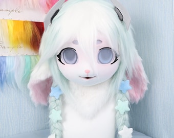 Pastel Bunny Fursuit Head Star Braids Handmade Fluffy Drop Ear Rabbit Cosplay Mask Glowing Eyes Green Paw Gloves Cute Kawaii Furry Costume