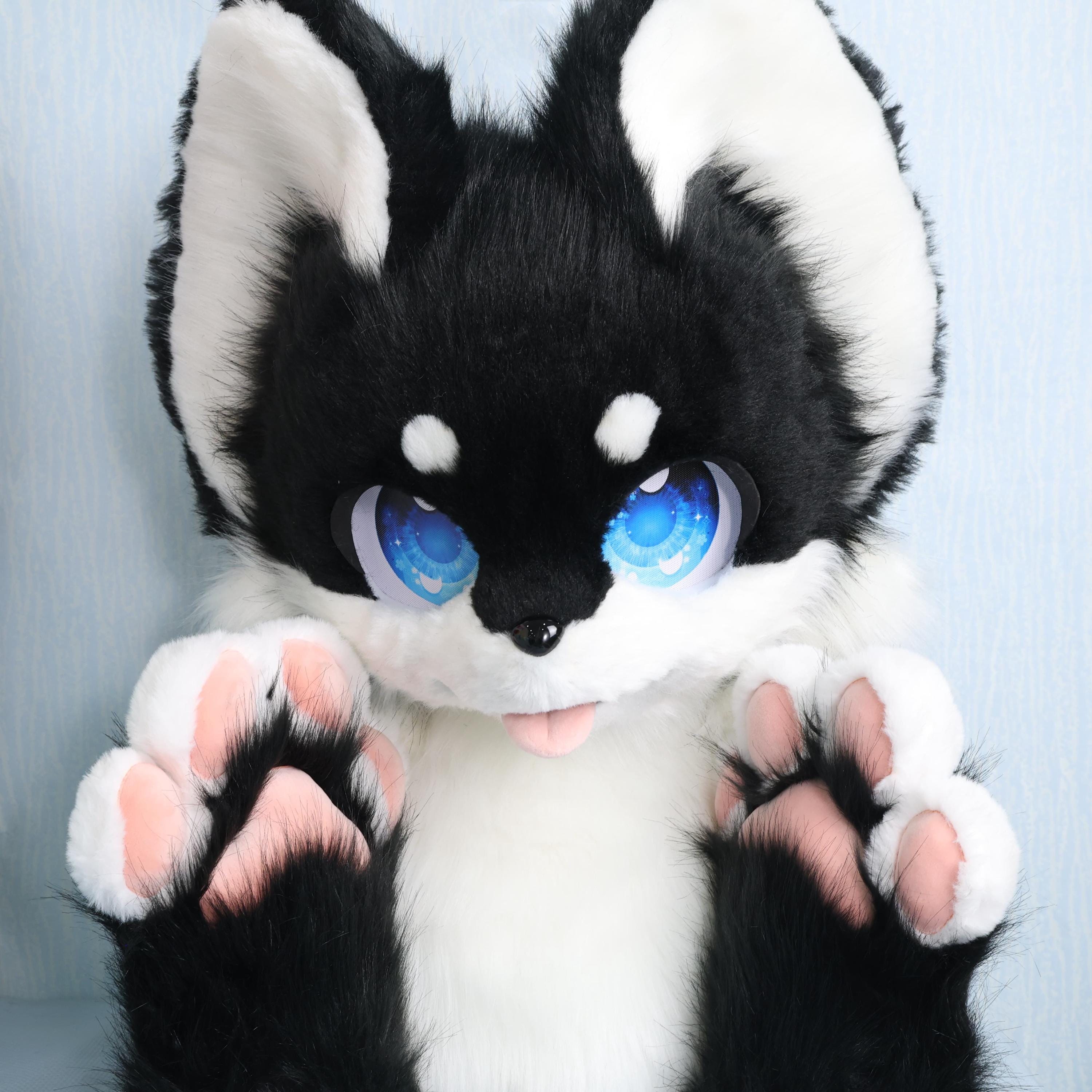 Black White Dog Fursuit Head Paws Magnetic Tongue Ready Wear KIG Style Kemono Mask Cute Animal Cosplay Costume Soft Plush Helmet Suit Gift