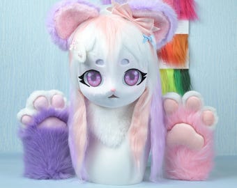 Custom Mouse Fursuit Head Pink Purple Fur Mask Handmade Furry Cosplay Head With Paws Cute Mascot Costume Kigurumi Kemono Style